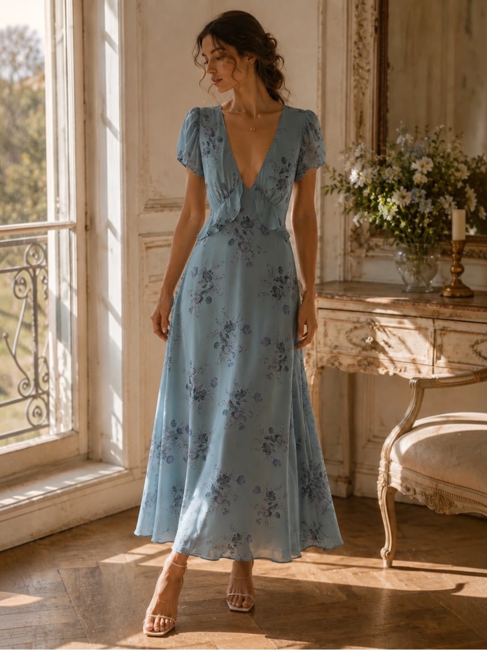 LoveShackFancy Cottagecore Light Blue Floral Whimsical Maxi Dress Romantic Small